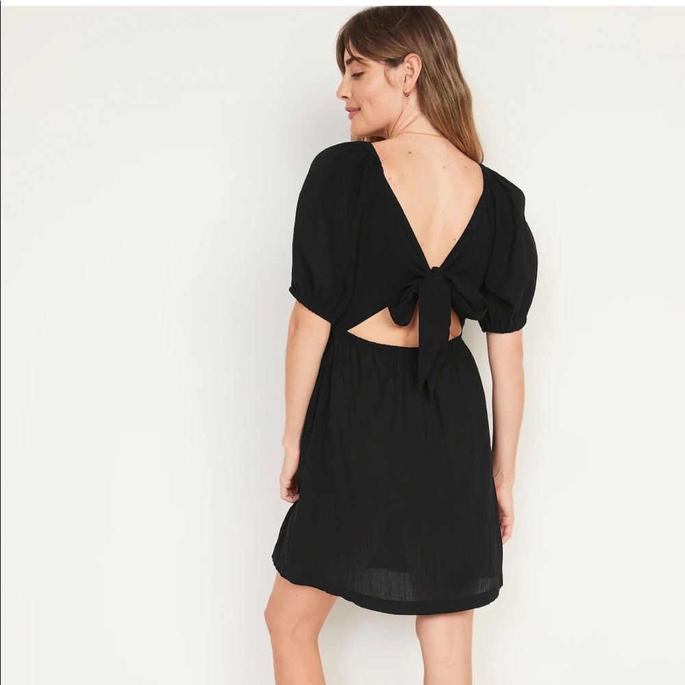 Puff-Sleeve Tie-Back Cut-Out Mini Swing Dress